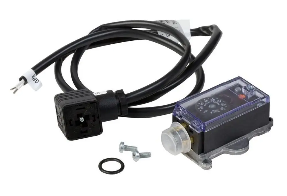 Gasdruckwächter von Remeha mit transparentem Gehäuse, einem Anschlussstecker, Kabel und zwei Schrauben. Geeignet für gasbetriebene Systeme.